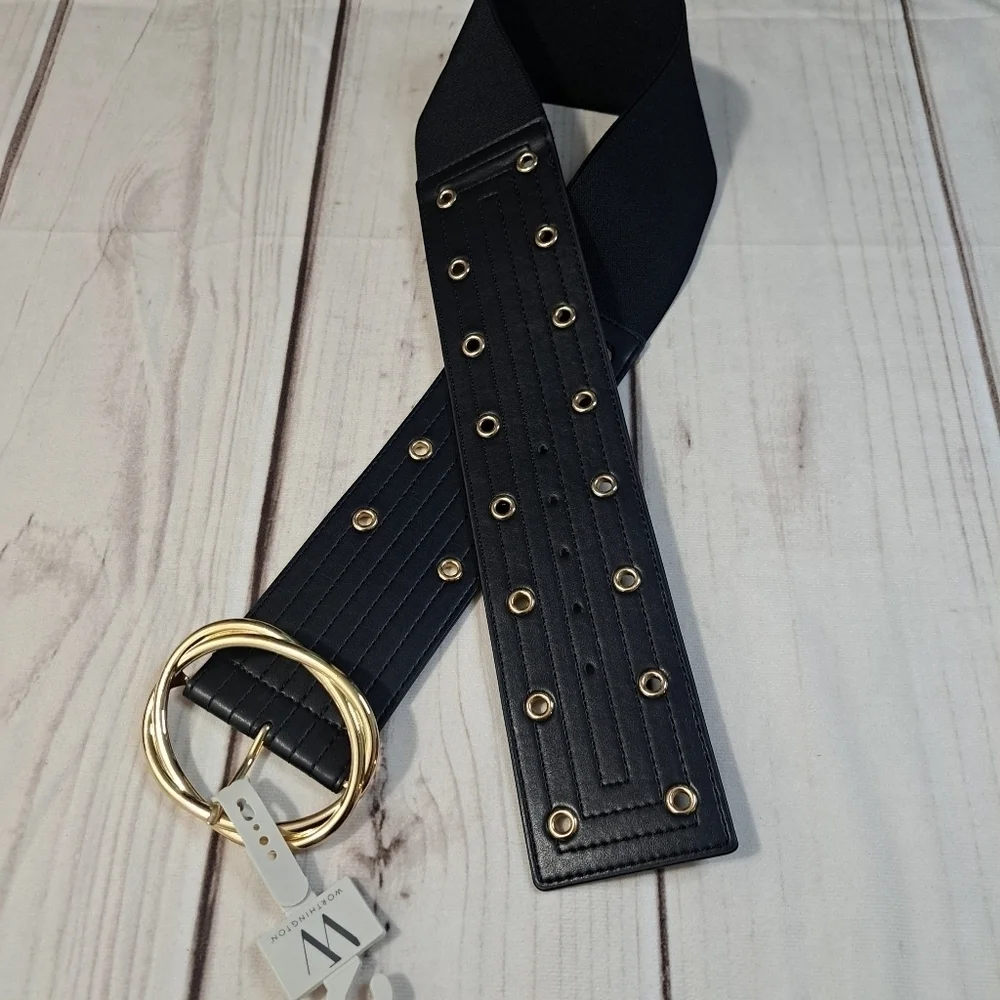 Worthington Gold Grommet Belt Wide, Buckle, Part Elastic Adjust M-L